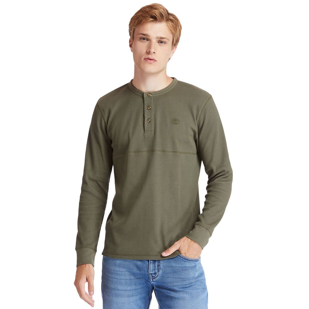 Timberland Mens Shirts Wharf River Waffle-Knit Henley - Olive - India RW3704526